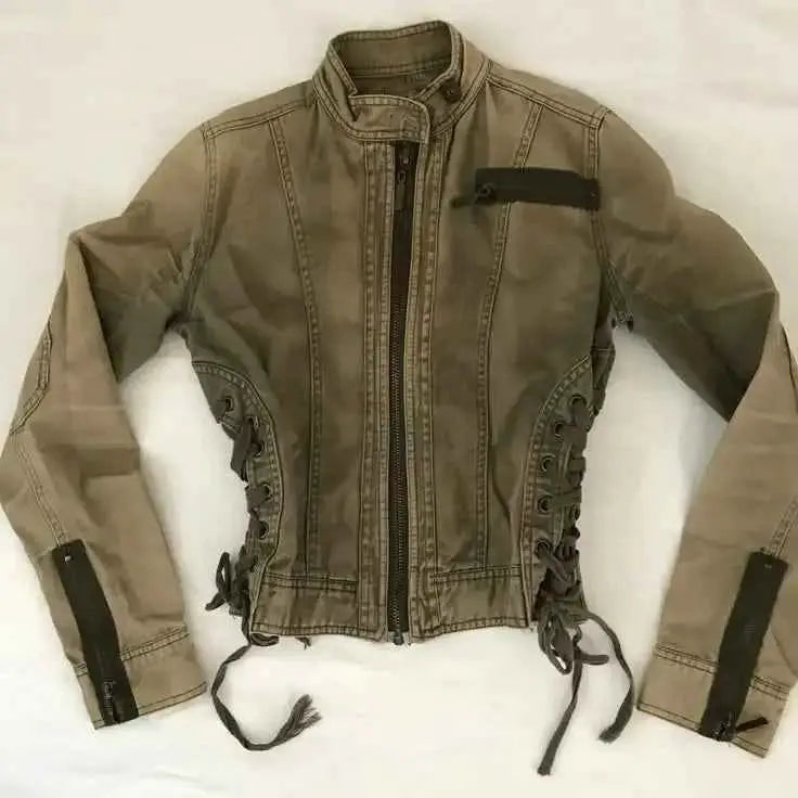 Y2K Retro Army Green Zipper Jacket for Women Harajuku Slim Fit Denim Coat Autumn Winter Short Stand Collar Goth Style