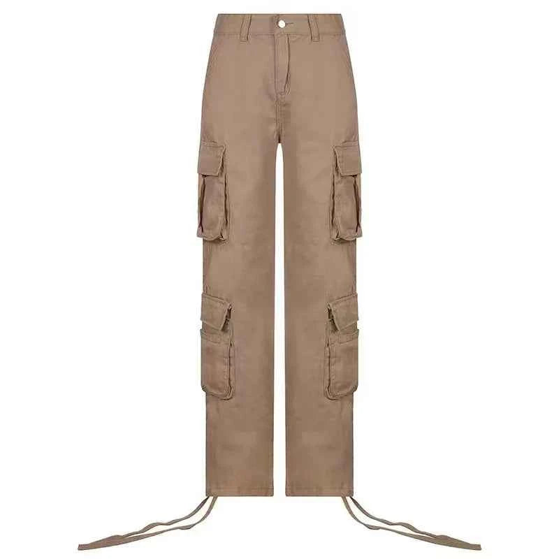Women Denim Cargo Jeans With Button Pockets Straight Leg Y2K Mid Waist Casual Streetwear Trousers