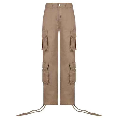 Women Denim Cargo Jeans With Button Pockets Straight Leg Y2K Mid Waist Casual Streetwear Trousers