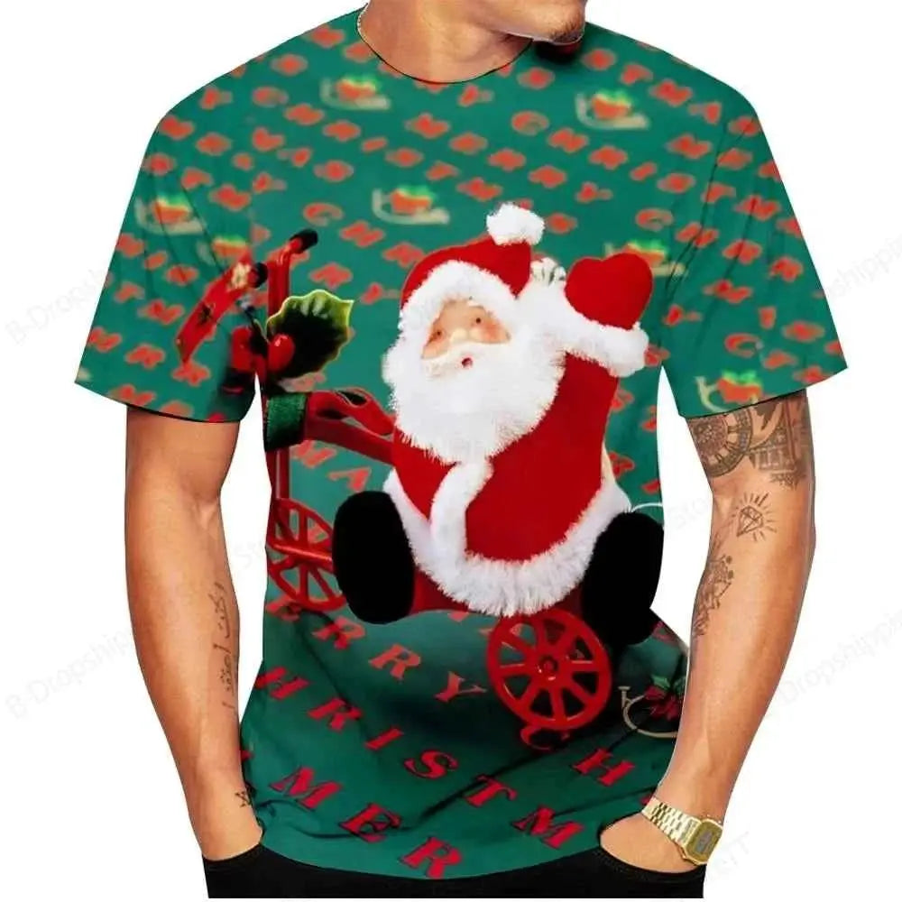 Christmas Santa Claus 3D Print T Shirt For Men Casual Short Sleeve O Neck Oversized Tee