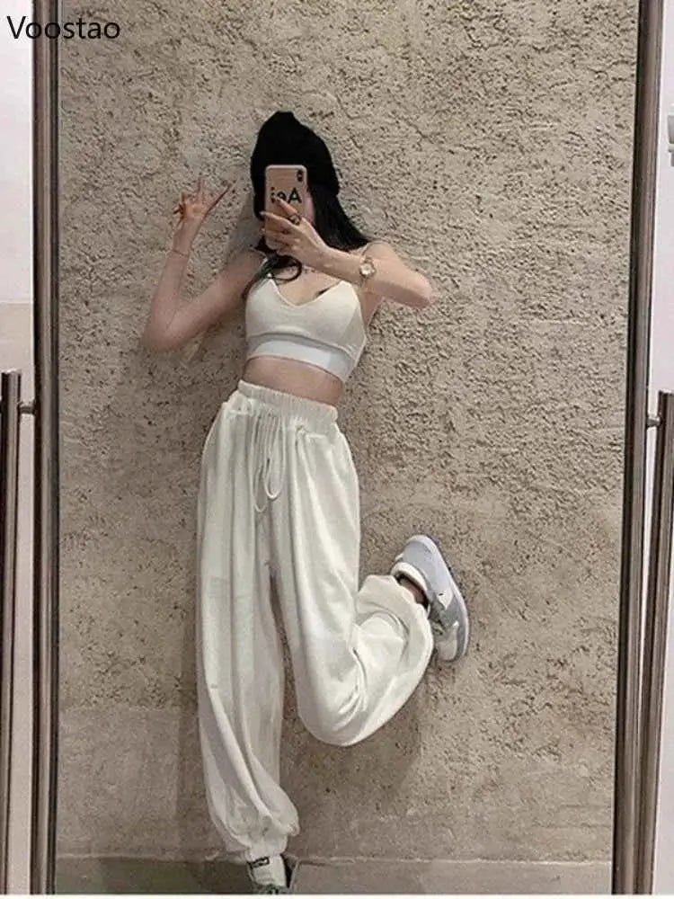Women White Jogging Sweatpants Harajuku Style Wide Leg Casual Sports Pants Korean Fashion Ankle Length