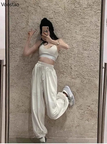 Women White Jogging Sweatpants Harajuku Style Wide Leg Casual Sports Pants Korean Fashion Ankle Length