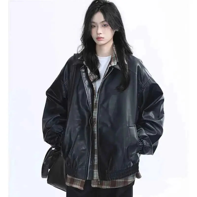 Retro Ladies Fashion Zipper Faux Leather Jacket Spring Autumn Women Long Sleeves Leather Coat PU Leather Outerwear 2025