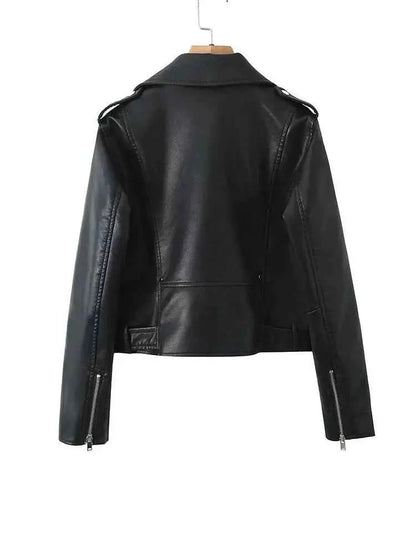 BBWM Faux PU Leather Jacket for Women Short Zipper Lapel Motorcycle Style High Street Coat