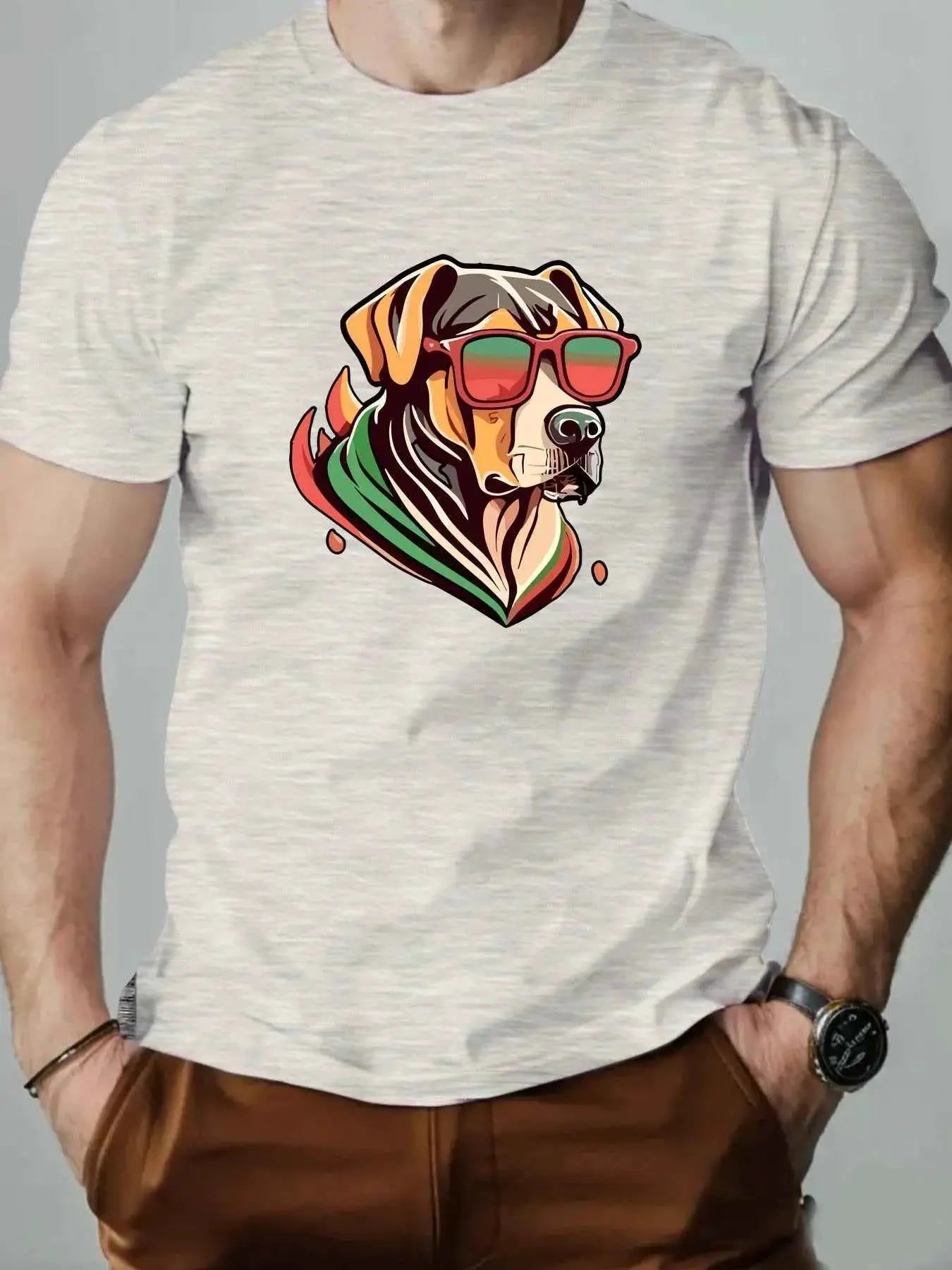 Men's Colorful Puppy Pattern Graphic Tee Breathable Oversized Summer Round Neck Hip Hop Style Premium Quality Cotton
