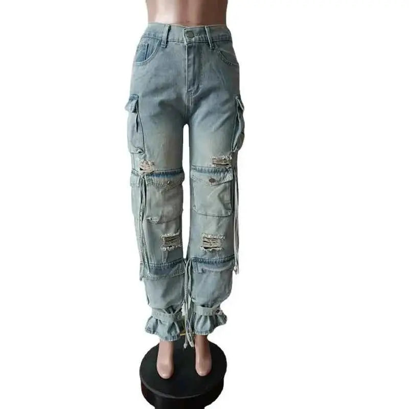 Women Denim Straight Pants High Waist Cargo Jeans Streetwear Casual Trousers Multi Pocket