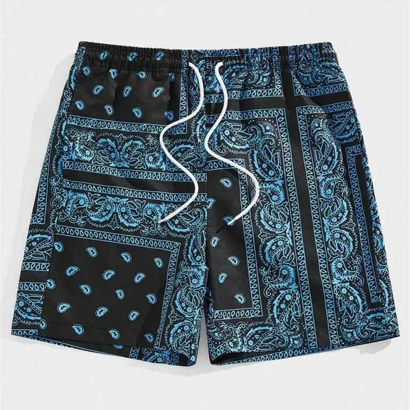 Mens Classic Perris Pattern Beach Shorts With Drawstring Board Shorts For Hawaii Vacation Swim Trunks