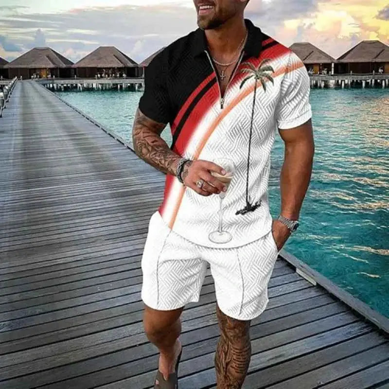 Mens Summer Tracksuit Set 3D Printed Casual Short Sleeve T Shirt With Lapel Zip Polo For Jogging