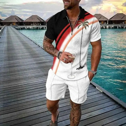 Mens Summer Tracksuit Set 3D Printed Casual Short Sleeve T Shirt With Lapel Zip Polo For Jogging