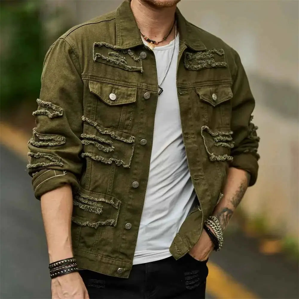 Street Style Men Ripped Splicing Slim Motorcycle Denim Jacket With Patch Casual Solid Jeans Coat