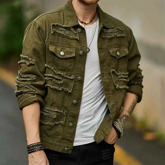 Street Style Men Ripped Splicing Slim Motorcycle Denim Jacket With Patch Casual Solid Jeans Coat