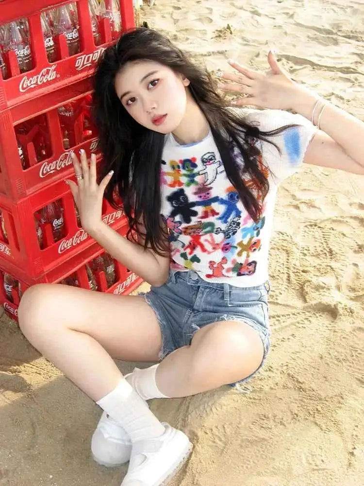 Womens Harajuku Korean Y2K Graphic Print Short Sleeve T Shirt O Neck Top Vintage Streetwear Summer
