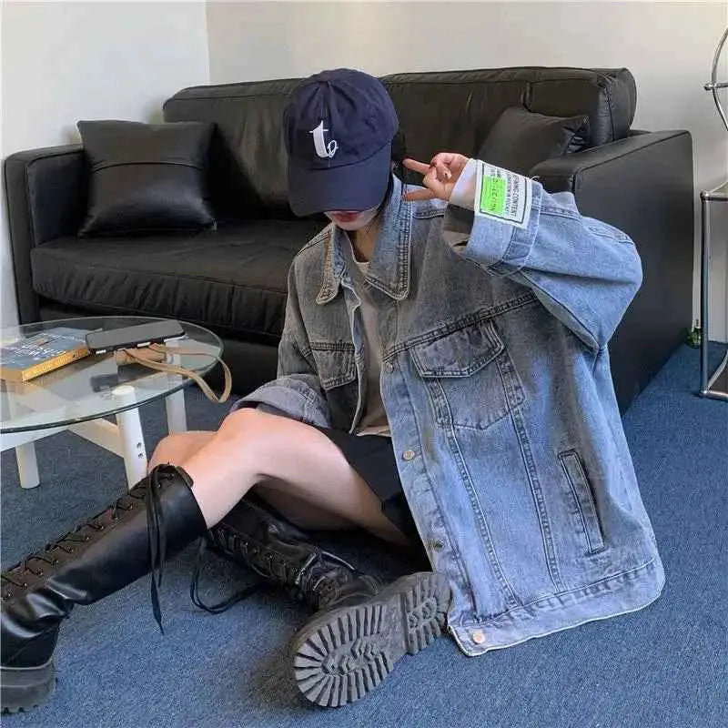 Oversized Denim Jacket for Women Korean Style Loose Fit Long Sleeve Button Down Jean Jacket 2026 New