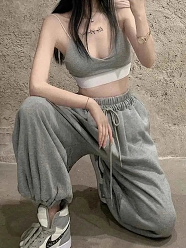 Women White Jogging Sweatpants Harajuku Style Wide Leg Casual Sports Pants Korean Fashion Ankle Length