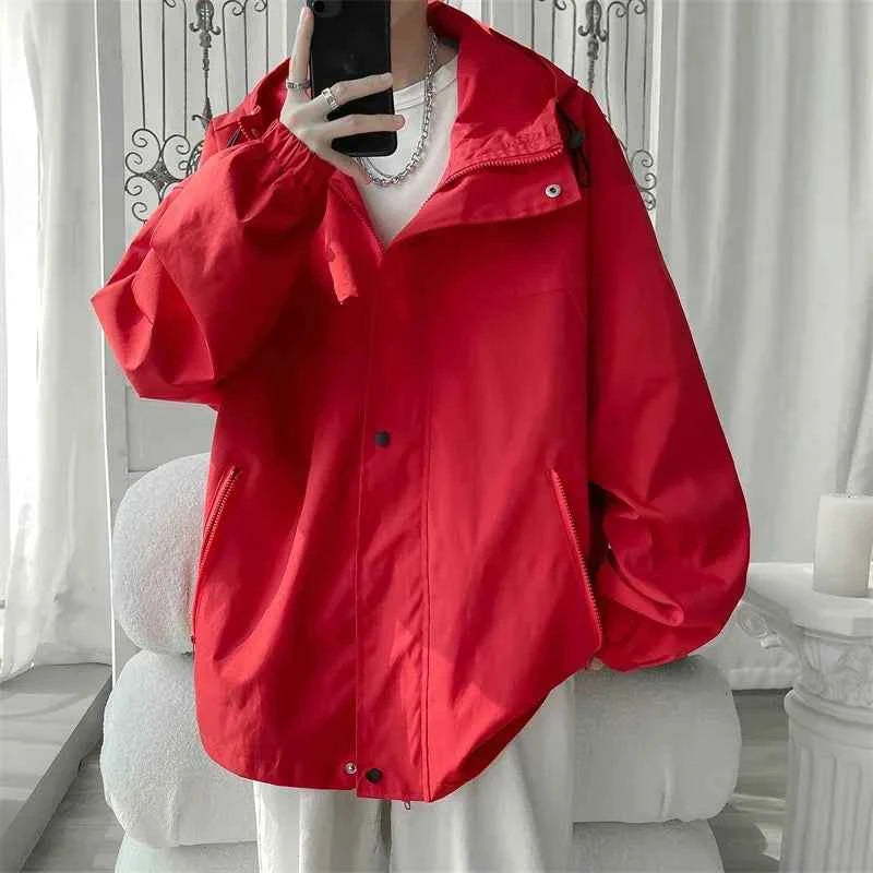 Mens Hooded Jacket Bomber Windbreaker Zipper Coat For Spring And Autumn Loose Cargo Casual Sportswear