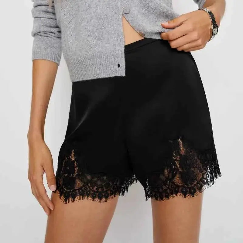 Women Y2K Silk Lace Trim Shorts Pajama Micro Mini Slip Boxer Lounge Low Rise Bottoms Streetwear