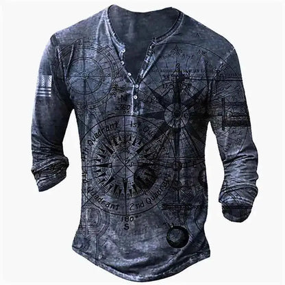 Vintage Men's Compass Graphic Long Sleeve Tee Oversized Streetwear 3D Print For Men