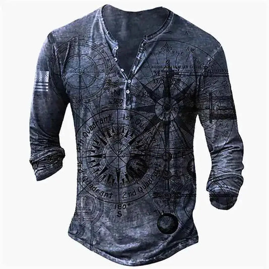 Vintage Men's Compass Graphic Long Sleeve Tee Oversized Streetwear 3D Print For Men