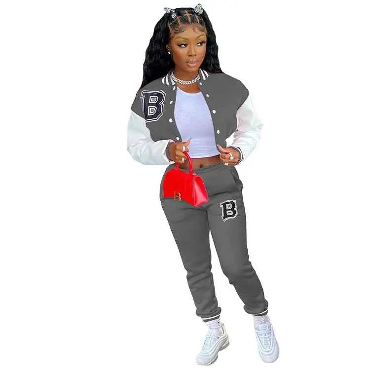 CM YAYA Letter B Baseball Womens Tracksuit Two Piece Jacket And Sweatpants Set Outfit