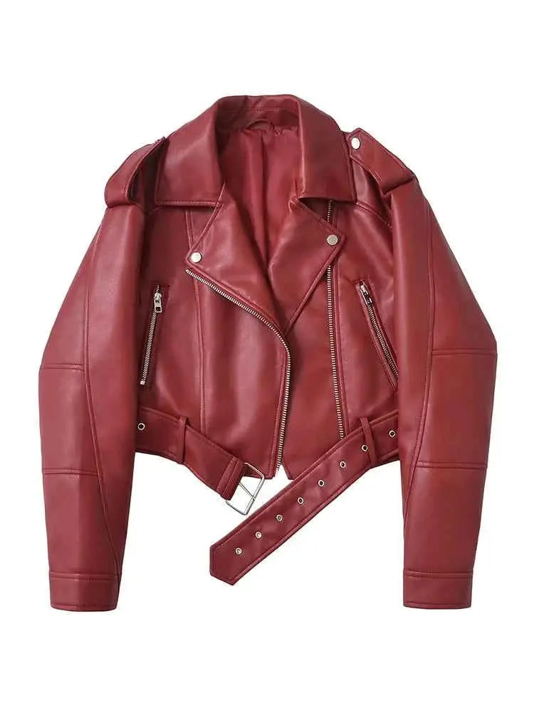 Women Faux PU Leather Short Jacket Belted Motorcycle Style Zipper Lapel Spring Autumn Outwear