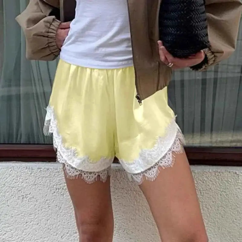 Women Y2K Silk Lace Trim Shorts Pajama Micro Mini Slip Boxer Lounge Low Rise Bottoms Streetwear