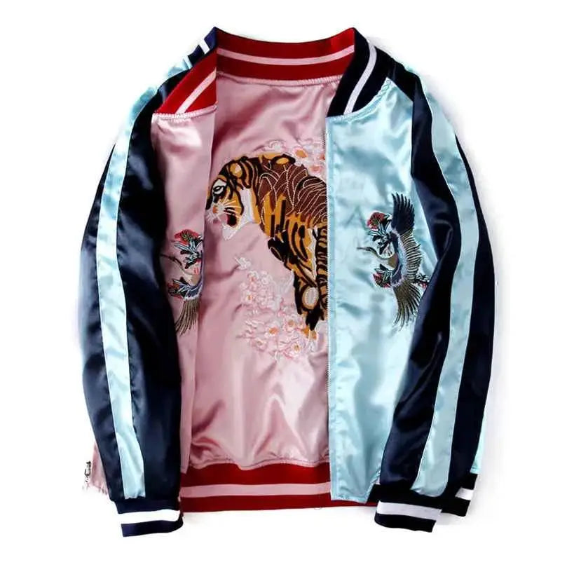 Double Sided Satin Baseball Jacket Women Featuring Mount Fuji Yokosuka Japanese Artwork Sky Blue And Pink By TeenStylo