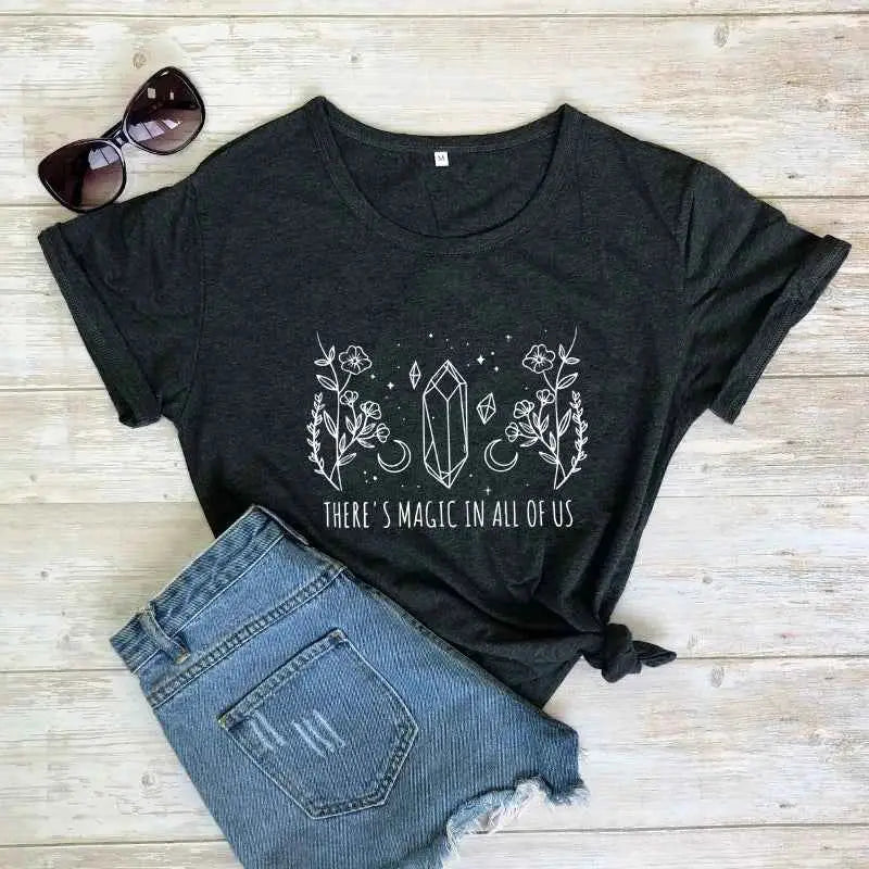 There Is Magic In All Of Us T Shirt Aesthetic Crystal Moon Wiccan Graphic Tee For Women Vintage Short Sleeve Witch Top