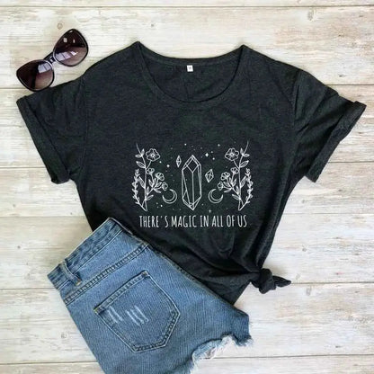 There Is Magic In All Of Us T Shirt Aesthetic Crystal Moon Wiccan Graphic Tee For Women Vintage Short Sleeve Witch Top