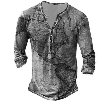 Vintage Men's Compass Graphic Long Sleeve Tee Oversized Streetwear 3D Print For Men