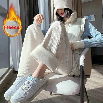 2024 Casual Women High Waist Wide Leg Thickened Long Pants for Autumn and Winter Trousers