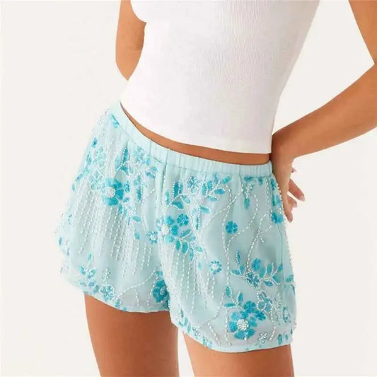 Women Sequin Beaded Mini Shorts Y2K Low Rise Pearl Embellished Going Out Bottoms Bling Glitter Rhinestones
