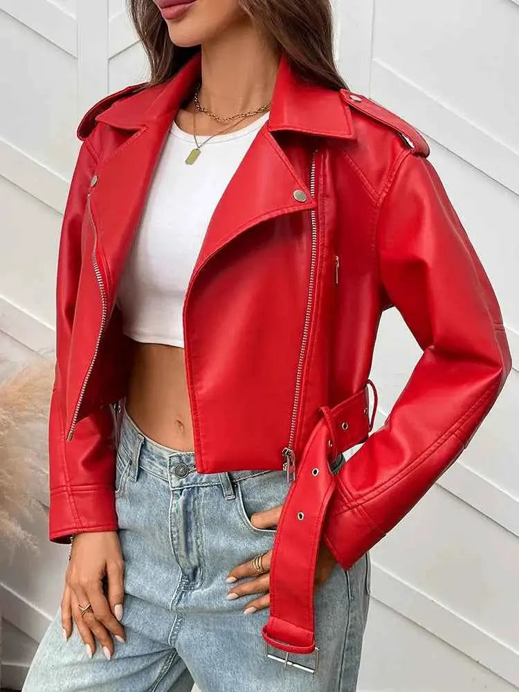 Women Faux PU Leather Short Jacket Belted Motorcycle Style Zipper Lapel Spring Autumn Outwear