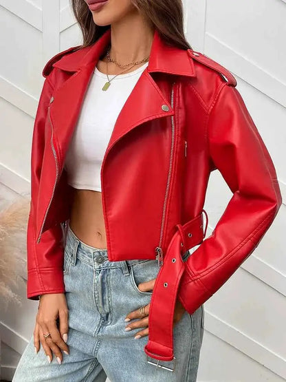 Women Faux PU Leather Short Jacket Belted Motorcycle Style Zipper Lapel Spring Autumn Outwear