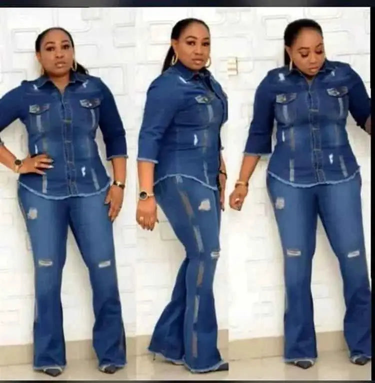 Women Two Piece Cowboy Suit Set With Jean Jacket And Flare Pants Single Breasted Turndown Collar Casual Ensemble