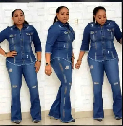 Women Two Piece Cowboy Suit Set With Jean Jacket And Flare Pants Single Breasted Turndown Collar Casual Ensemble