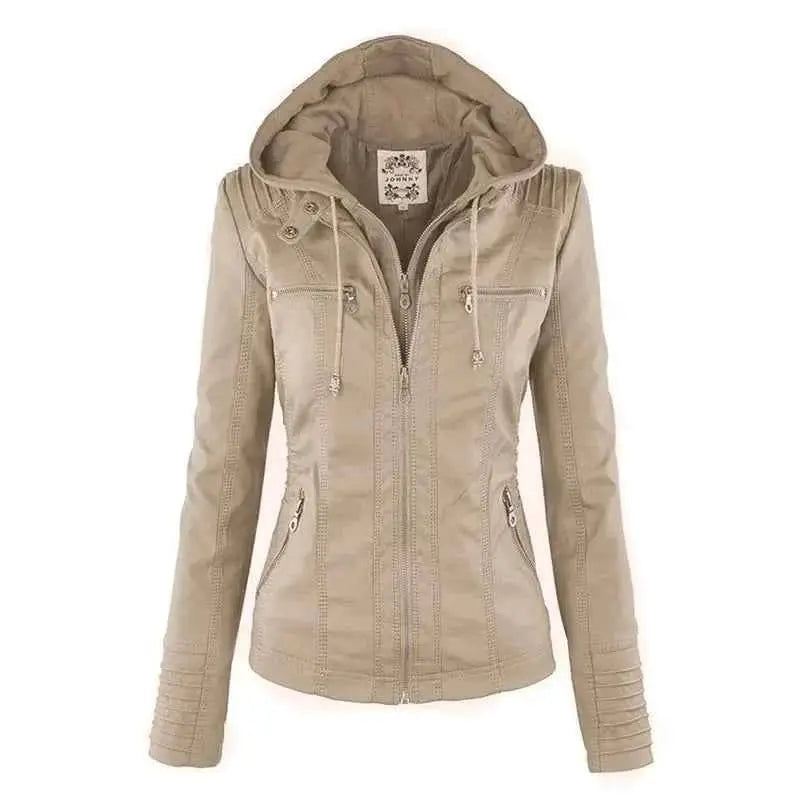 Faux Leather Jacket Women 2025 PU Leather Zipper Hooded Outerwear Winter Motorcycle Coat