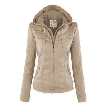 Faux Leather Jacket Women 2025 PU Leather Zipper Hooded Outerwear Winter Motorcycle Coat