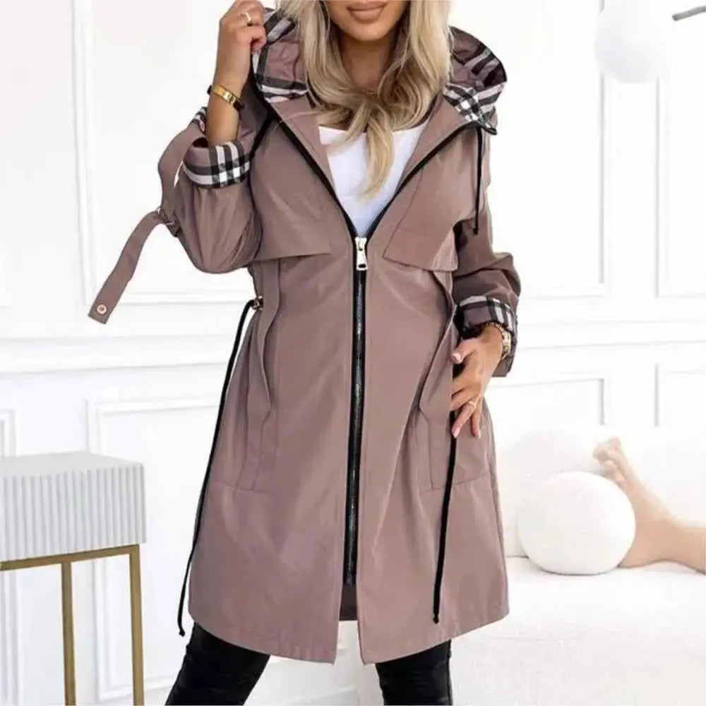 Autumn Winter Splicing Plaid Windbreaker Coat For Women Hooded Zipper Pocket Drawstring Waist Long Jacket