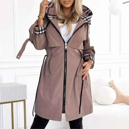 Autumn Winter Splicing Plaid Windbreaker Coat For Women Hooded Zipper Pocket Drawstring Waist Long Jacket