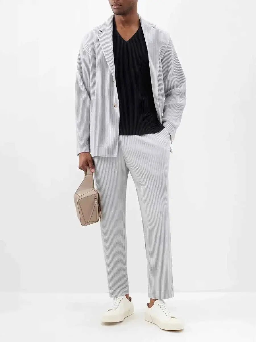 Miyake Pleated Mens Trousers Baggy Straight Fit Casual Japanese Style Pants High Quality Fabric