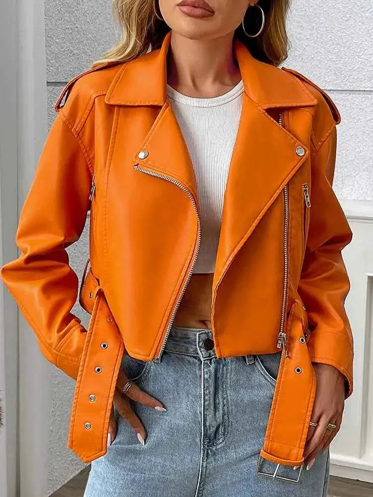 Women Faux PU Leather Short Jacket Belted Motorcycle Style Zipper Lapel Spring Autumn Outwear