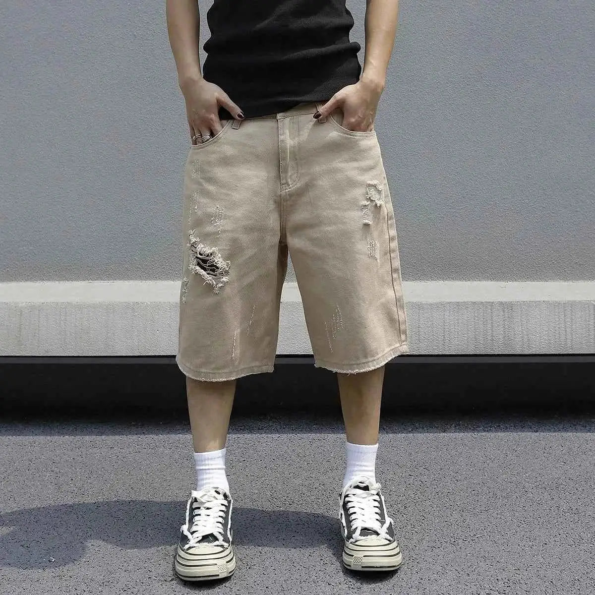 Men's Baggy Denim Shorts Summer Stretch Ripped Knee Length Cargo Pockets Streetwear Casual