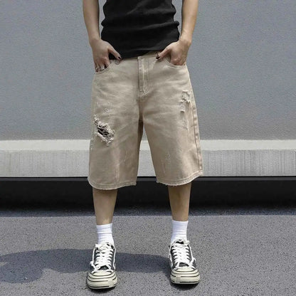 Men's Baggy Denim Shorts Summer Stretch Ripped Knee Length Cargo Pockets Streetwear Casual