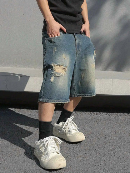 Men's Baggy Denim Shorts Summer Stretch Ripped Knee Length Cargo Pockets Streetwear Casual
