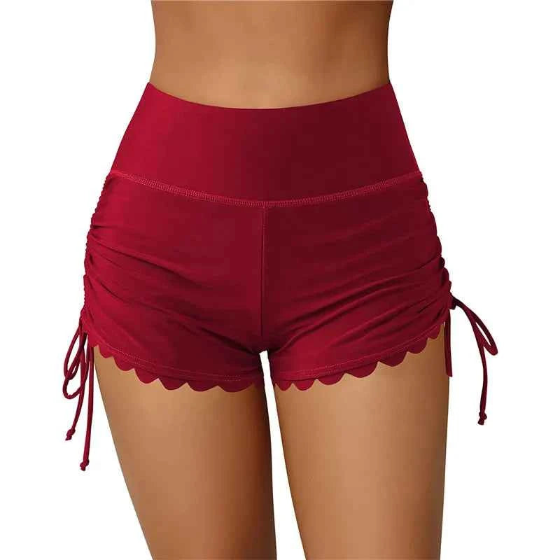 Women Swim Shorts High Waist Drawstring Wavy Hem Solid Beach Trunks For Surfing And Swimming