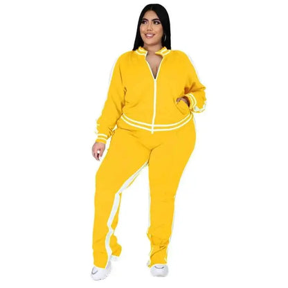 Plus Size Two Piece Sweatsuit For Women Zip Striped Top And Slit Jogger Pants Outfit Wholesale Dropshipping