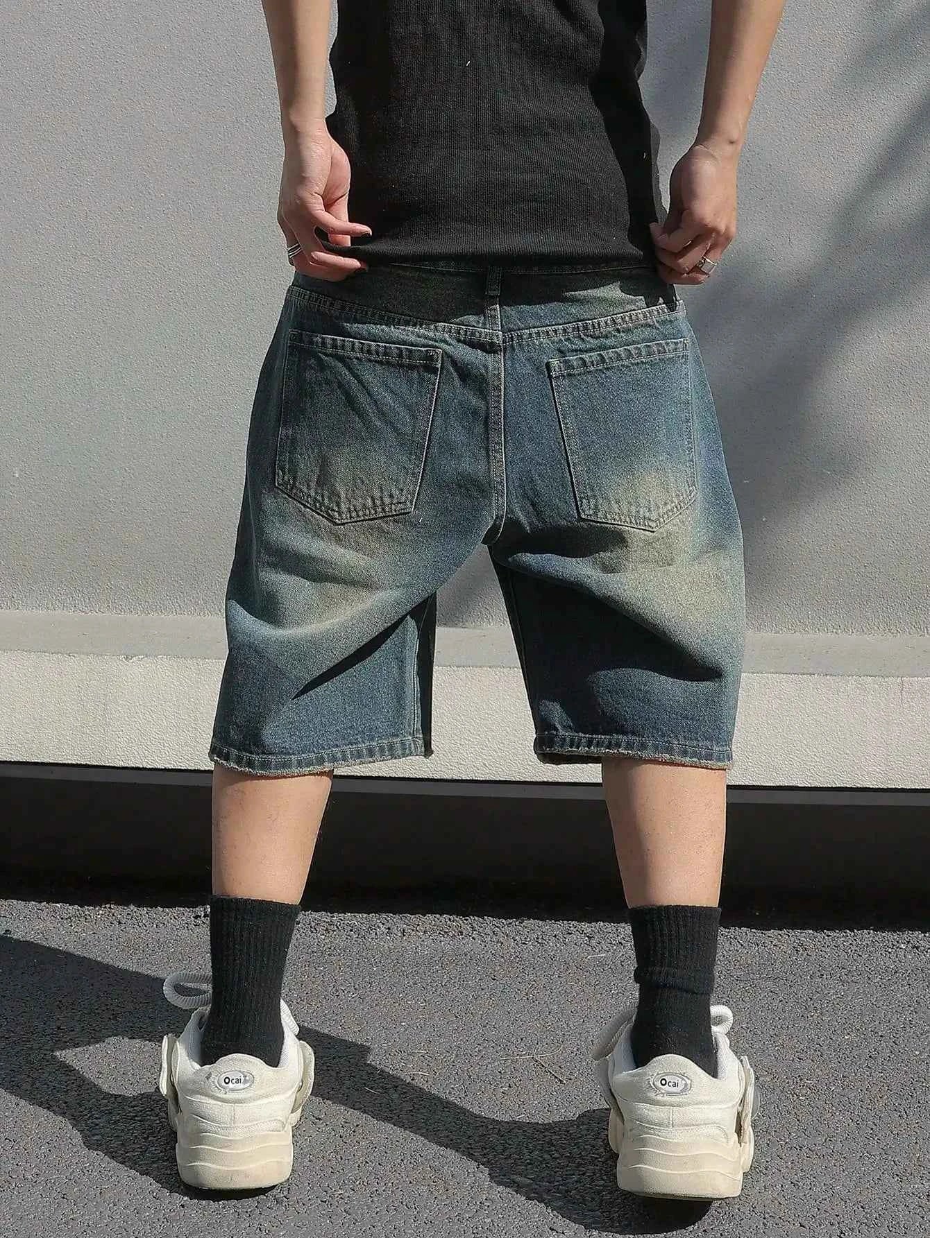 Men's Baggy Denim Shorts Summer Stretch Ripped Knee Length Cargo Pockets Streetwear Casual