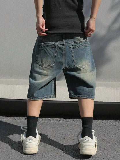 Men's Baggy Denim Shorts Summer Stretch Ripped Knee Length Cargo Pockets Streetwear Casual