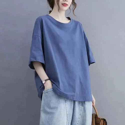 Oversized Womens Casual Korean Solid Color O Neck Short Sleeve T Shirt Summer Loose Pullover Top Tee