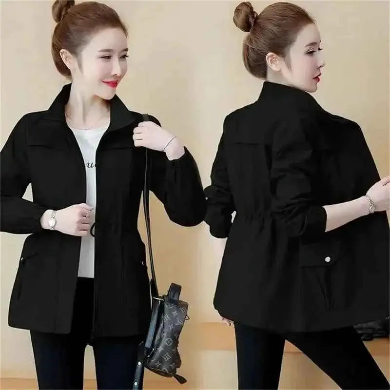 Women's Short Jacket Windbreaker Double Layer Autumn Casual Slim Fit Coat Stand Up Collar Fashion Ladies Outerwear